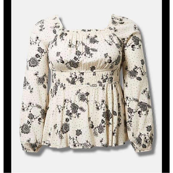 Torrid Top Rayon Ruched Waist Beige Floral Boho Blouse Long Sleeve Size 3 XXXL - Picture 1 of 13